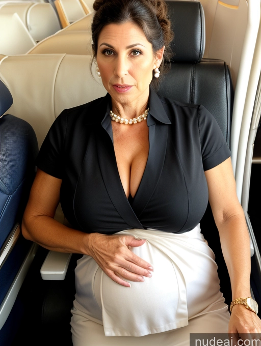 ai nude image of pregnant woman sitting in a seat on a plane with her hands on her stomach pics of Huge Boobs Short Skinny Pregnant 50s Shocked Black Hair Hair Bun Jewish Flight Attendant Pearl Jewelry Milf