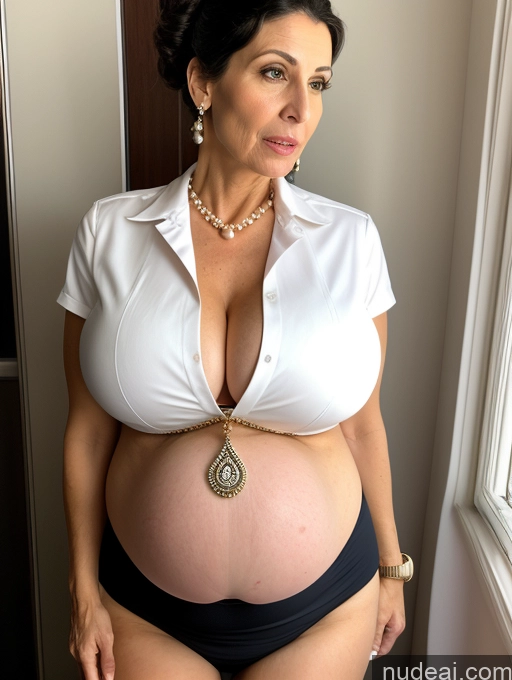 ai nude image of pregnant woman in a white shirt and black panties posing for a picture pics of Huge Boobs Short Skinny Pregnant 50s Shocked Black Hair Hair Bun Jewish Flight Attendant Pearl Jewelry Milf