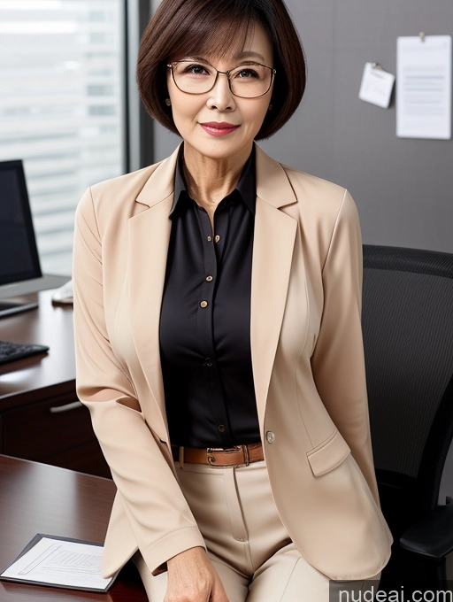 ai nude image of smiling woman in business attire sitting at a desk with a laptop pics of Milf Perfect Boobs Beautiful Glasses Perfect Body Sexy Face Short Hair Chinese Blouse Bra Casual Stylish Detailed Jacket Jeans Secretary Professor Suit Nude Dark Lighting Cleavage 70s Office