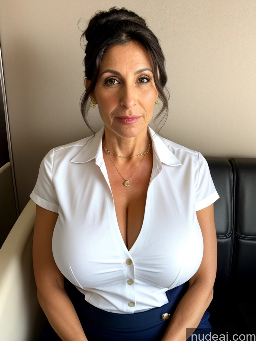 ai nude image of there is a woman sitting on a couch with a white shirt pics of Huge Boobs Short Skinny Pregnant 50s Shocked Black Hair Hair Bun Jewish Flight Attendant Pearl Jewelry Milf