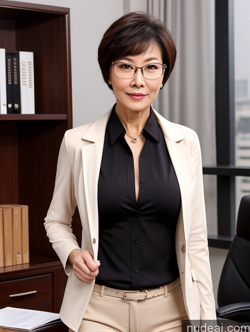 ai nude image of there is a woman in a suit and glasses standing in an office pics of Milf Perfect Boobs Beautiful Glasses Perfect Body Sexy Face Short Hair Chinese Blouse Bra Casual Stylish Detailed Jacket Jeans Secretary Professor Suit Nude Dark Lighting Cleavage 70s Office