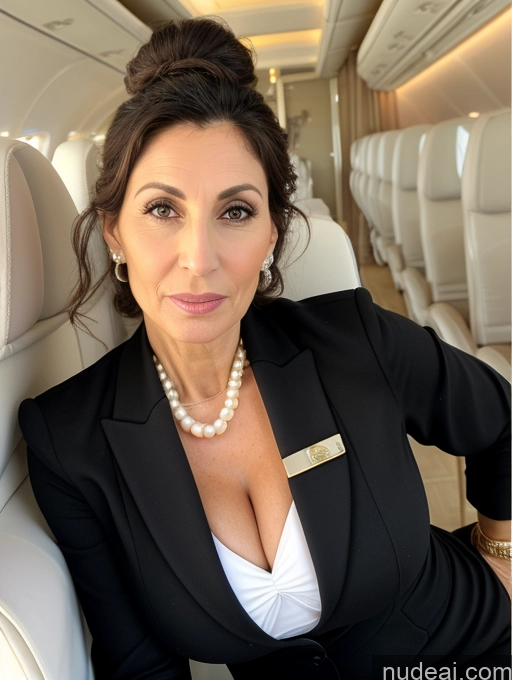 ai nude image of arafed woman in a black suit and pearls sitting in a plane pics of Huge Boobs Short Skinny Pregnant Shocked Black Hair Hair Bun Jewish Flight Attendant Pearl Jewelry Milf Dress 60s