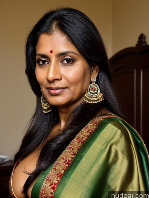 ai nude image of there is a woman in a green sari posing for a picture pics of Woman Busty Tanned Skin 50s Black Hair Long Hair Indian Bedroom Close-up View Traditional Sari