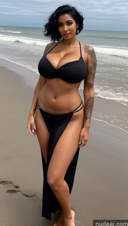 ai nude image of araffe woman in a black bikini and black skirt on the beach pics of Milf Busty Beautiful Tattoos Big Ass Big Hips Tall Dark Skin Sexy Face Pixie Indian Front View T-pose Witch Perfect Body Beach Bikini Long Skirt Seductive 50s Huge Boobs Black Hair