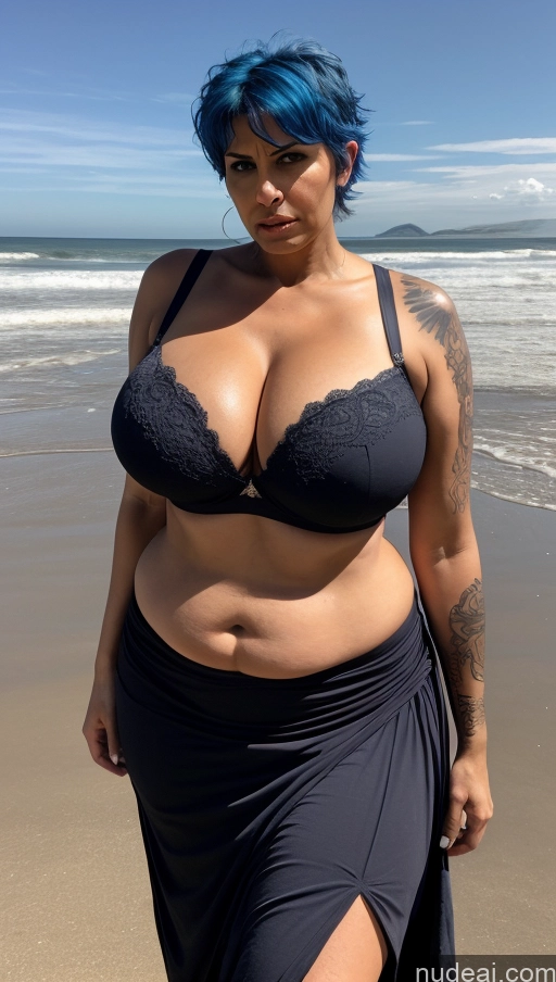 ai nude image of arafed woman with blue hair and a black bikini on the beach pics of Milf Busty Beautiful Tattoos Big Ass Big Hips Tall Dark Skin Sexy Face Pixie Indian Front View T-pose Witch Perfect Body Beach Long Skirt 50s Angry Bra Blue Hair Huge Boobs