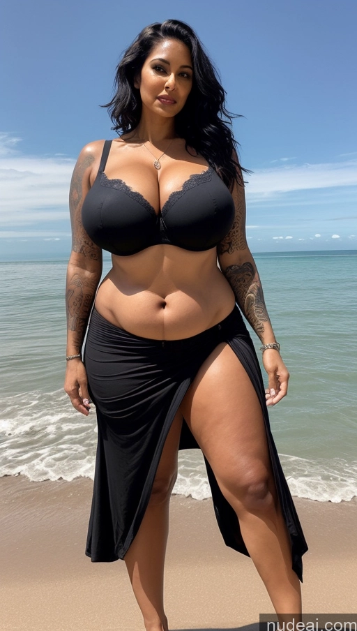 ai nude image of araffe woman in a black bikini and skirt standing on the beach pics of Milf Busty Beautiful Tattoos Big Ass Big Hips Tall Dark Skin Sexy Face Pixie Indian Front View T-pose Witch Perfect Body Beach 50s Bra Black Hair Huge Boobs Long Skirt