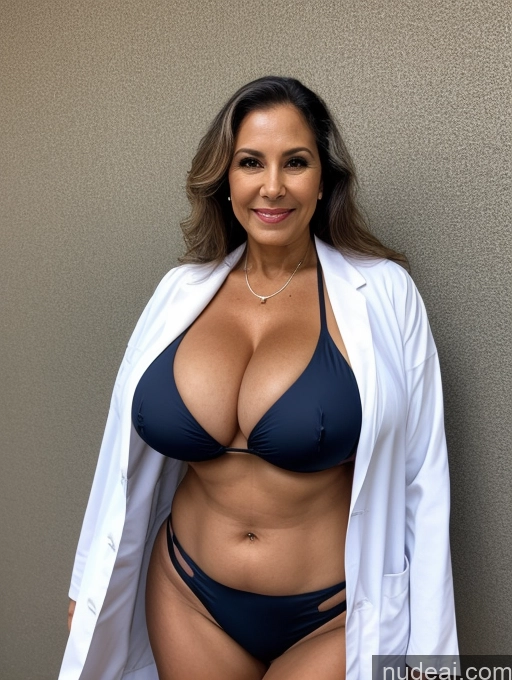 ai nude image of arafed woman in a bikini and lab coat posing for a picture pics of Milf Busty Huge Boobs Tanned Skin Front View Microkini Thong 70s Vampire Brazilian Lab Coat Professor