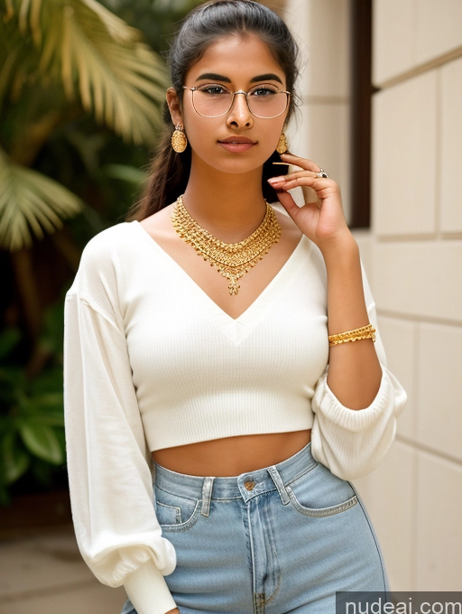 ai nude image of araffe woman in white top and jeans talking on cell phone pics of Sorority 18 Ponytail Indian Thin Round Glasses Jewelry Diamond Jewelry Gold Jewelry 60s