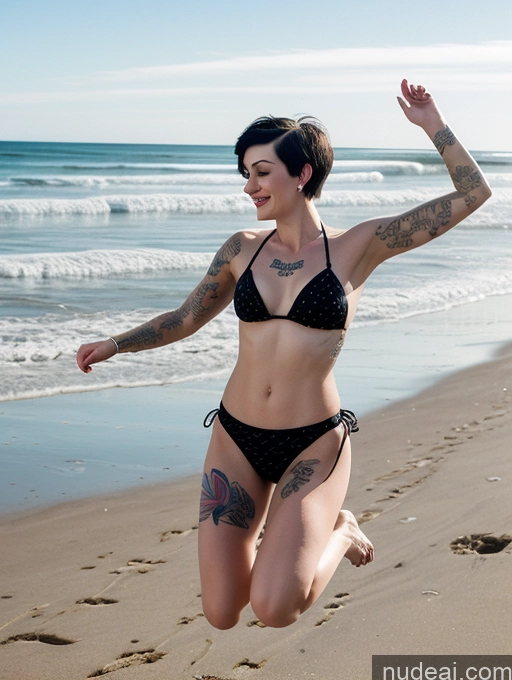 ai nude image of woman in black bikini jumping on beach with tattoo on arm pics of Woman Beautiful Tattoos Black Hair Pixie 30s Beach Fairer Skin Bikini White Lipstick Jumping