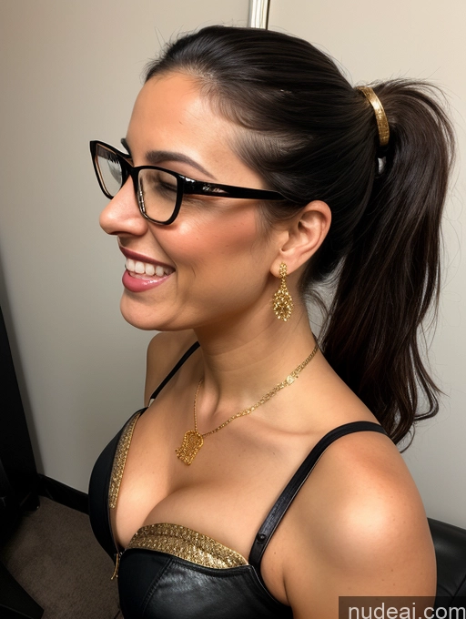 ai nude image of there is a woman with glasses and a black bra top pics of Woman Glasses Small Tits 30s Laughing Brunette Ponytail White Side View Cumshot Corset Jacket Leather Cleavage Gold Jewelry