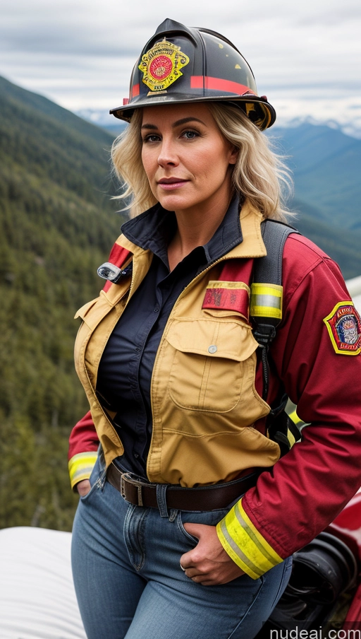 ai nude image of blond woman in firefighter's uniform posing for a picture pics of Busty Perfect Boobs Big Ass Messy Sexy Face Thick 40s Perfect Body White Hair Mountains Close-up View Firefighter Jeans