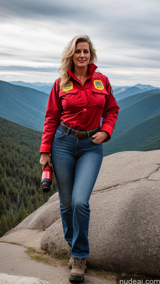 ai nude image of woman in red shirt and jeans standing on a rock with mountains in the background pics of Busty Perfect Boobs Big Ass Messy Sexy Face Thick 40s Perfect Body White Hair Mountains Close-up View Firefighter Jeans