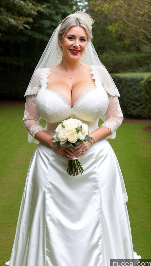 ai nude image of arafed woman in a wedding dress holding a bouquet of flowers pics of Huge Boobs Perfect Boobs Busty Lipstick Big Ass Perfect Body Big Hips Fairer Skin White Hair Victorian Dress British Wedding Happy Bright Lighting 20s