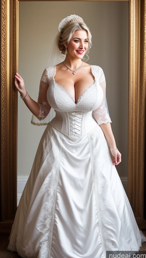 ai nude image of arafed woman in a wedding dress posing in front of a mirror pics of Huge Boobs Perfect Boobs Busty Lipstick Big Ass Perfect Body Big Hips Fairer Skin White Hair Victorian Dress British Wedding Happy Bright Lighting 20s