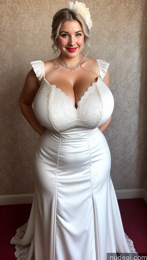 ai nude image of arafed woman in a white dress posing for a picture pics of Huge Boobs Perfect Boobs Busty Lipstick Big Ass Perfect Body Big Hips Fairer Skin White Hair Victorian Dress British Wedding Happy Bright Lighting Thick Cleavage