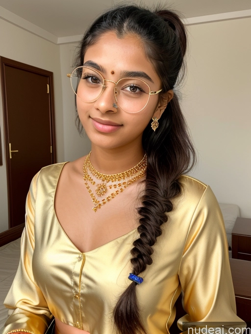 ai nude image of there is a woman with glasses and a gold dress posing for a picture pics of Gold Jewelry Jewelry Diamond Jewelry Thin Round Glasses Indian Ponytail 18 Sorority Beautiful Blouse