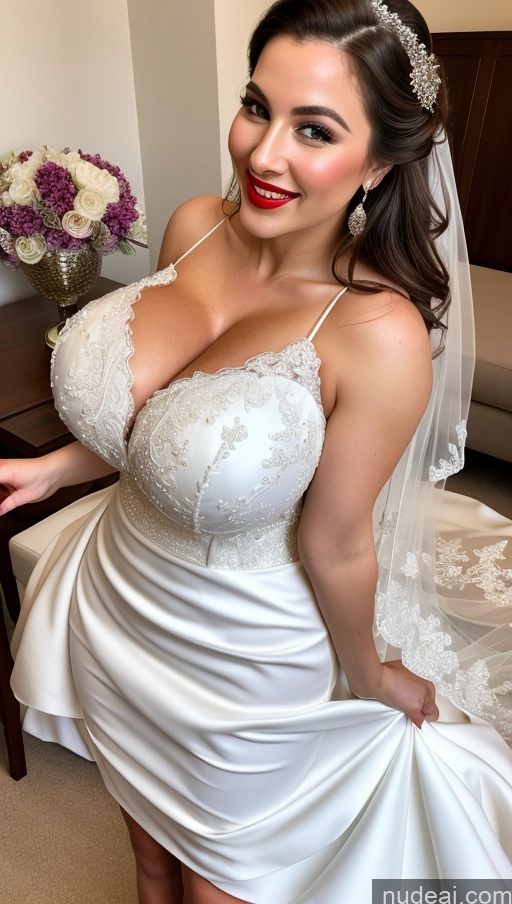 ai nude image of arafed bride in a white dress posing for a picture pics of Huge Boobs Perfect Boobs Busty Lipstick Big Ass Perfect Body Big Hips Fairer Skin Dress Wedding Happy Bright Lighting Thick Traditional