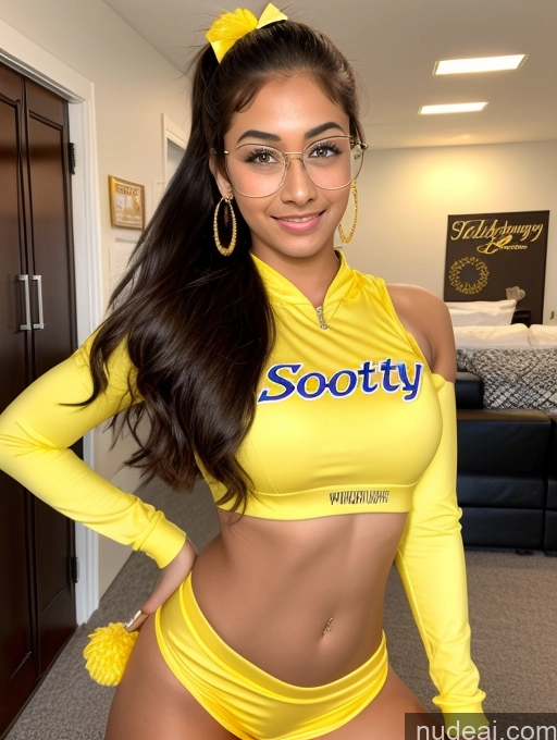 ai nude image of arafed woman in a yellow cheerleader outfit posing for a picture pics of Sorority Beautiful 18 Ponytail Indian Thin Round Glasses Gold Jewelry Jewelry Diamond Jewelry Cheerleader