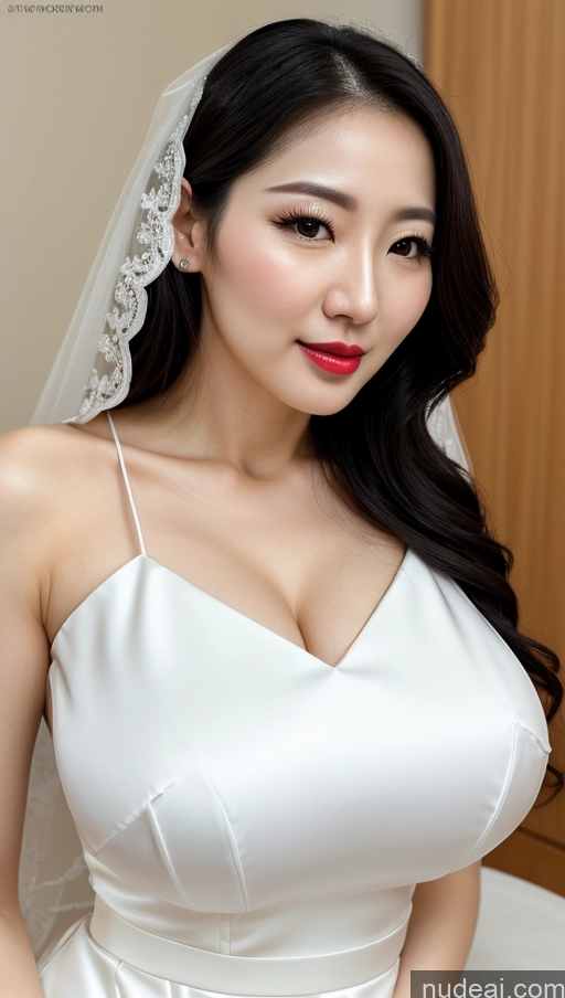 ai nude image of arafed woman in a white wedding dress posing for a picture pics of Woman One Huge Boobs Beautiful Lipstick Fairer Skin 30s Black Hair Close-up View Simple Detailed Korean Slicked Wedding