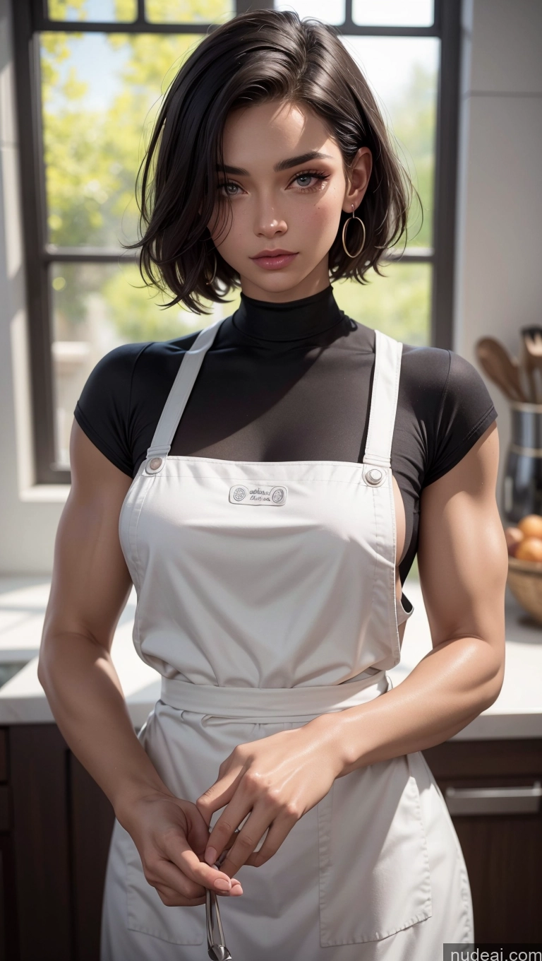 ai nude image of there is a woman standing in a kitchen cutting a carrot pics of Bodybuilder Perfect Boobs Beautiful Muscular Thick Perfect Body Fairer Skin Sexy Face 18 Skin Detail (beta) Detailed Bright Lighting Black Hair Pixie Apron Arabic