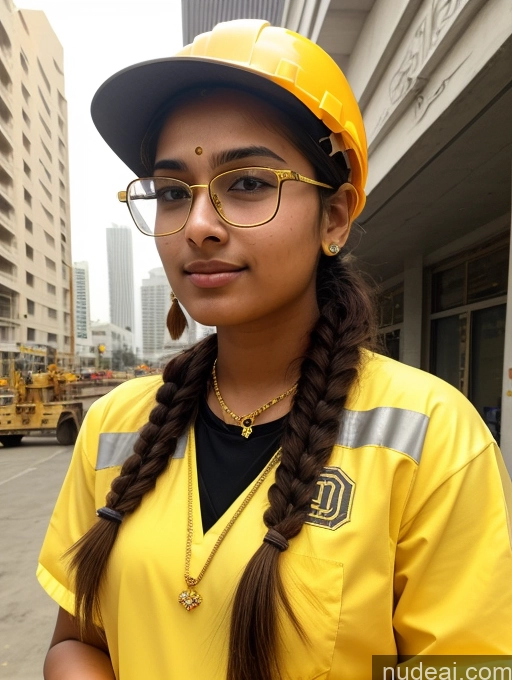 ai nude image of arafed woman in a yellow hard hat and glasses standing in front of a construction site pics of Sorority 18 Ponytail Indian Construction Worker Thin Round Glasses Gold Jewelry Diamond Jewelry Jewelry