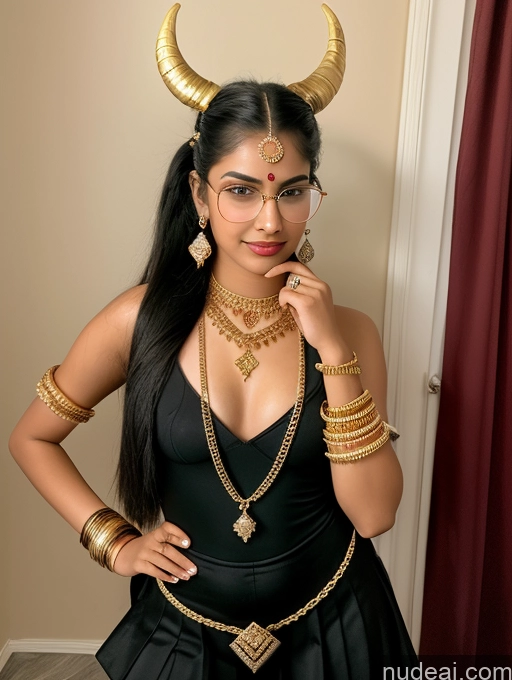 ai nude image of there is a woman wearing a black dress and gold jewelry pics of Sorority 18 Ponytail Indian Thin Round Glasses Gold Jewelry Diamond Jewelry Jewelry Devil