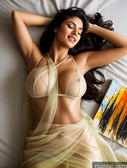 ai nude image of araffe woman laying on a bed with a painting behind her pics of Woman Perfect Boobs Beautiful Perfect Body Big Ass 18 Black Hair Long Hair Indian Painting Orgasm Skinny On Back Bedroom Sari Transparent