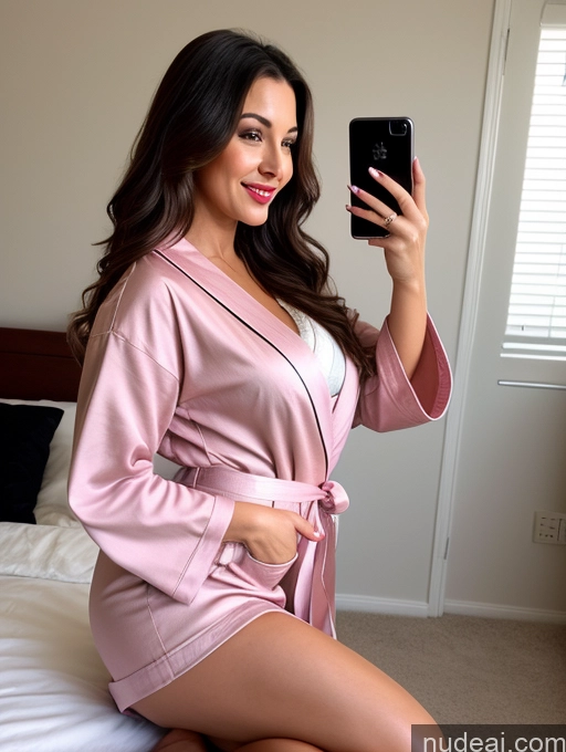 ai nude image of araffe woman in pink robe taking a selfie in bed pics of Woman One Busty 40s Seductive Pouting Lips Brunette Long Hair British Mirror Selfie Bedroom Happy Sexy Face High Heels Bathrobe Front View On Back Nurse