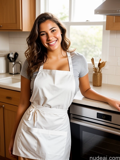 ai nude image of smiling woman in white apron standing in kitchen next to oven pics of Busty Big Ass Big Hips 18 Happy Brazilian Bright Lighting Simple Brunette Messy Woman Close-up View Apron Nude