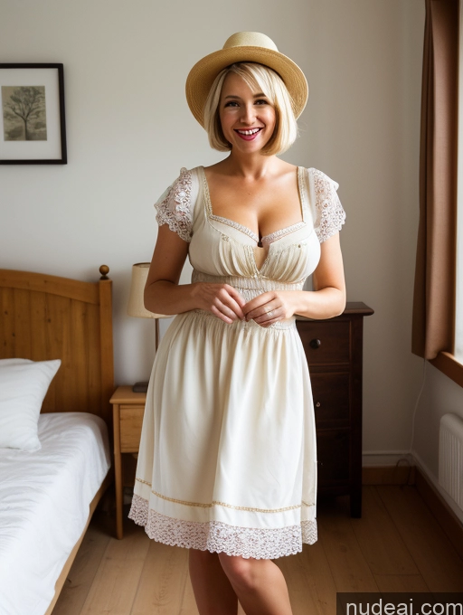 ai nude image of there is a woman in a white dress and hat posing for a picture pics of Woman Busty One Happy Blonde Short Hair White Skin Detail (beta) Bedroom Front View 60s Dirndl Hat High Heels Detailed