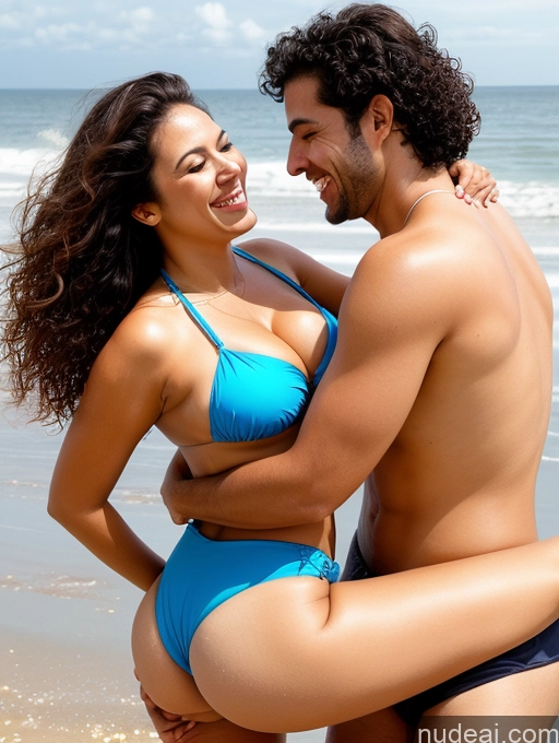 ai nude image of they are two people standing on the beach together and one is holding the other pics of Brazilian Seductive Orgasm Laughing Happy Sexy Face 20s Woman + Man Two Busty Big Ass Tall Brunette Curly Hair Beach Front View Spreading Legs Bikini