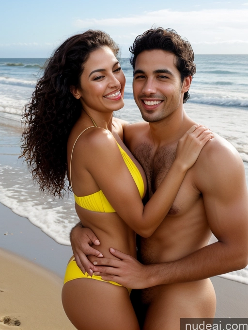 ai nude image of there is a man and woman in a yellow bikini on the beach pics of Brazilian Seductive Orgasm Laughing Happy Sexy Face 20s Woman + Man Two Busty Big Ass Tall Brunette Curly Hair Beach Front View Spreading Legs Bikini