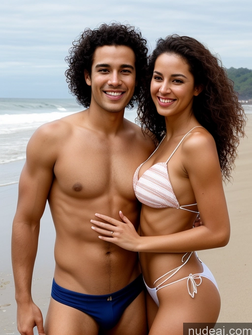 ai nude image of they are two people standing on the beach together in bikinis pics of Brazilian Seductive Orgasm Laughing Happy Sexy Face 20s Woman + Man Two Busty Big Ass Tall Brunette Curly Hair Beach Front View Spreading Legs Bikini