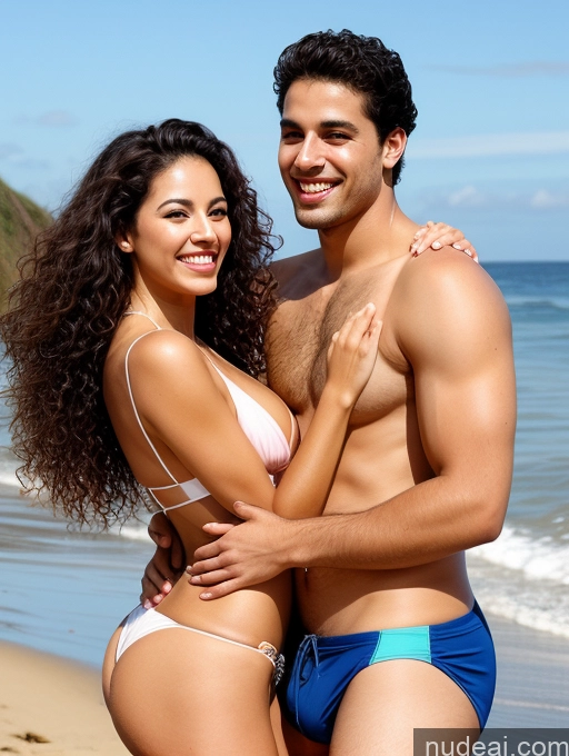 ai nude image of there are two people standing on the beach together in swim suits pics of Brazilian Seductive Orgasm Laughing Happy Sexy Face 20s Woman + Man Two Busty Big Ass Tall Brunette Curly Hair Beach Front View Spreading Legs Bikini