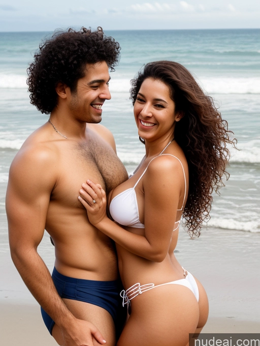 ai nude image of they are two people standing on the beach together pics of Brazilian Seductive Orgasm Laughing Happy Sexy Face 20s Woman + Man Two Busty Big Ass Tall Brunette Curly Hair Beach Front View Spreading Legs Bikini