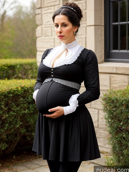 ai nude image of pregnant woman in black dress standing outside of a house pics of Huge Boobs Skinny Short Pregnant 50s Shocked Black Hair Hair Bun Jewish Front View Dress Traditional Spandex Victorian