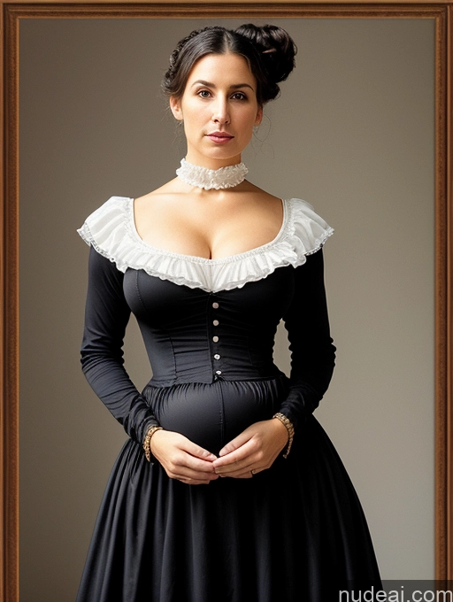 ai nude image of pregnant woman in black dress with white collar and pearls pics of Huge Boobs Skinny Short Pregnant 50s Shocked Black Hair Hair Bun Jewish Front View Dress Traditional Spandex Victorian