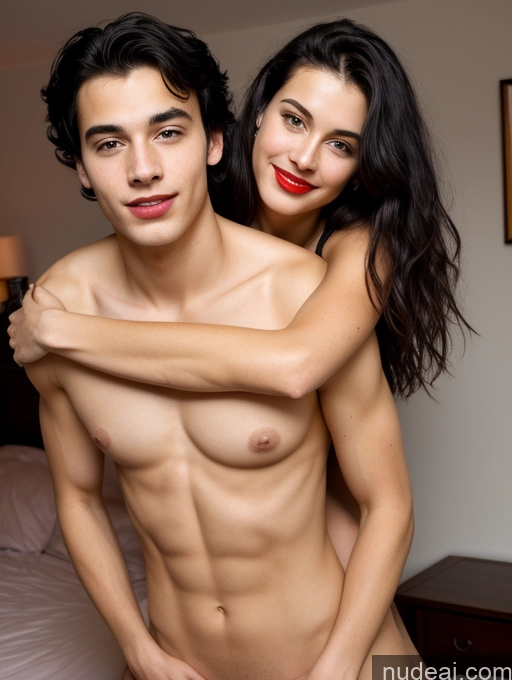 ai nude image of they are two people posing for a picture in a bedroom pics of Skinny Long Hair 18 Alternative Lipstick Black Hair Bedroom Small Tits Busty Woman + Man Carry On Back Hug From Behind