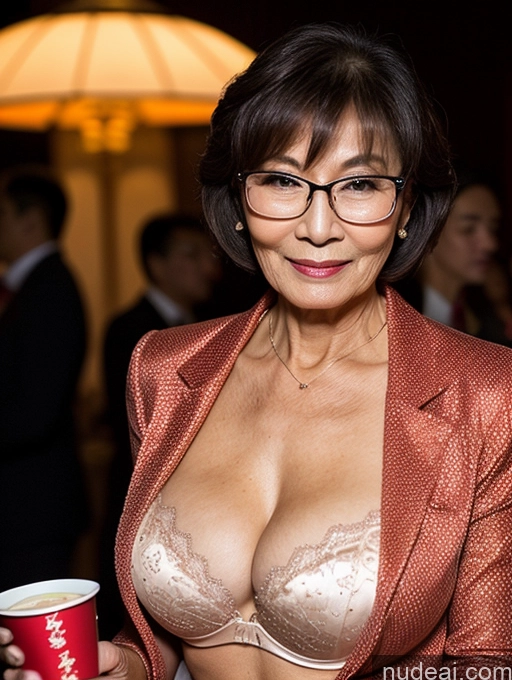 ai nude image of woman in a red blazer holding a cup of coffee pics of Milf Perfect Boobs Beautiful Glasses Perfect Body Pixie Chinese Blouse Bra Jacket Stylish Suit Cleavage Dark Lighting Detailed Party 70s