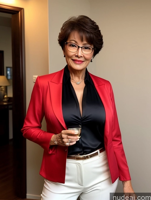 ai nude image of smiling woman in red jacket and white pants holding a glass of wine pics of Milf Perfect Boobs Beautiful Glasses Perfect Body Pixie Chinese Blouse Bra Jacket Stylish Suit Cleavage Dark Lighting Detailed Party 70s