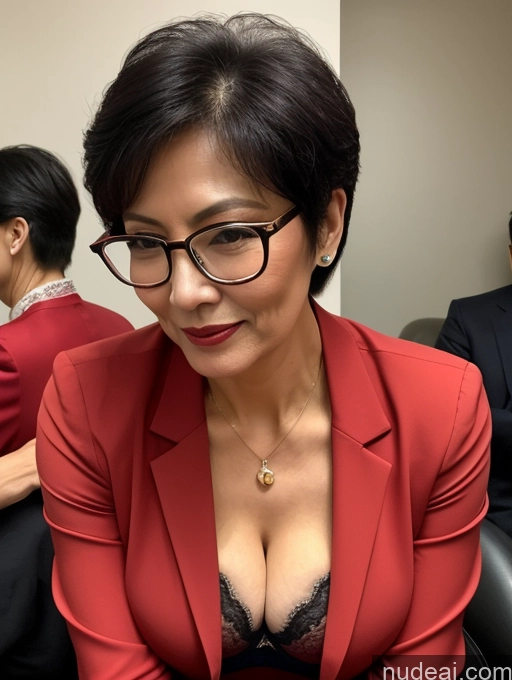 ai nude image of there is a woman in a red suit and glasses sitting at a table pics of Milf Perfect Boobs Beautiful Glasses Perfect Body Pixie Chinese Blouse Bra Jacket Stylish Suit Cleavage Dark Lighting Detailed Party 70s