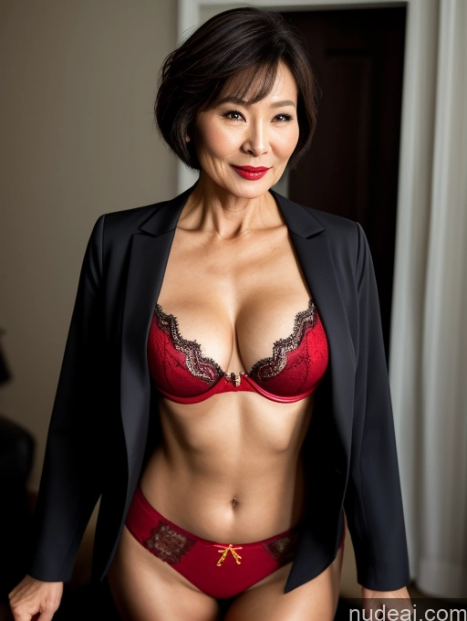 ai nude image of arafed asian woman in a red lingerie and black jacket pics of Milf Perfect Boobs Perfect Body Beautiful Lipstick 60s Sexy Face Short Hair Chinese Bra Jacket Suit Stylish Professor Secretary Dark Lighting Detailed Party