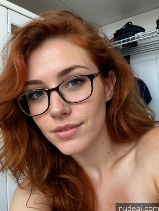 ai nude image of there is a woman with glasses and a red hair posing for a picture pics of Woman 18 Glasses Perfect Boobs Pubic Hair Sexy Face Ginger Messy Irish Locker Room Close-up View Nude Cumshot