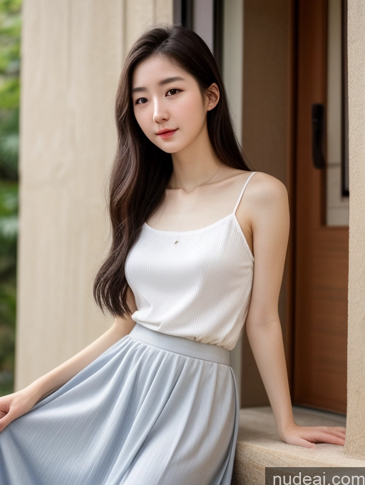 ai nude image of arafed asian woman in a white top and blue skirt leaning against a wall pics of Woman Small Tits Beautiful Short Skinny Fairer Skin 18 Black Hair Long Hair Korean Long Skirt Close-up View