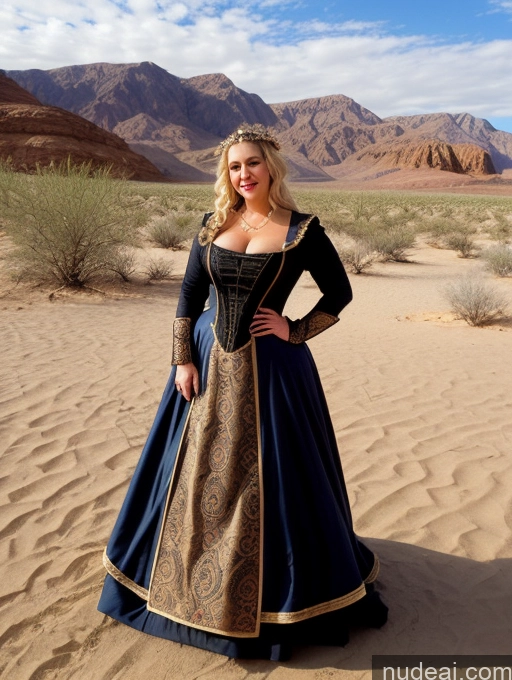 ai nude image of woman in medieval dress standing in desert area with mountains in background pics of One Perfect Boobs Big Hips Lipstick 30s Blonde Long Hair Greek Dark Fantasy Oasis Front View T-pose Cleavage Milf Orgasm Victorian Medieval