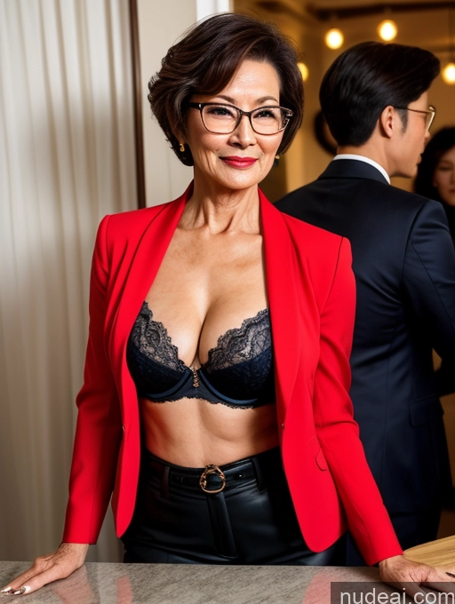 related ai porn images free for Milf Perfect Boobs Beautiful Glasses Perfect Body 70s Pixie Chinese Party Blouse Bra Jacket Stylish Suit Cleavage Dark Lighting Detailed