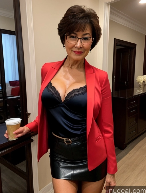 ai nude image of there is a woman in a red jacket and black skirt holding a cup pics of Milf Perfect Boobs Beautiful Glasses Perfect Body 70s Pixie Chinese Party Blouse Bra Jacket Stylish Suit Cleavage Dark Lighting Detailed