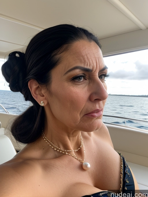 ai nude image of woman with a very large breast sitting on a boat looking out at the water pics of Milf Huge Boobs Skinny Short 50s Angry Shocked Black Hair Hair Bun Jewish Front View Dress Traditional Victorian Pearl Jewelry Yacht