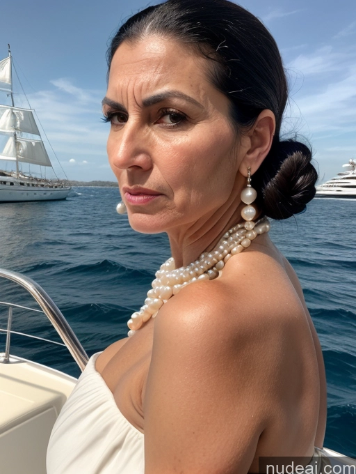 ai nude image of woman in white dress on boat looking at camera with large sailboat in background pics of Milf Huge Boobs Skinny Short 50s Angry Shocked Black Hair Hair Bun Jewish Front View Dress Traditional Victorian Pearl Jewelry Yacht