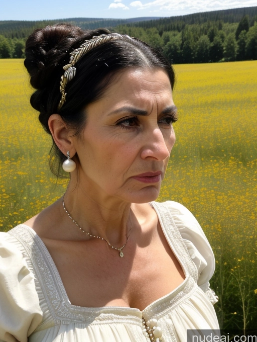 ai nude image of woman in a white dress standing in a field of yellow flowers pics of Milf Huge Boobs Skinny Short 50s Angry Shocked Black Hair Hair Bun Jewish Front View Dress Traditional Victorian Pearl Jewelry Meadow